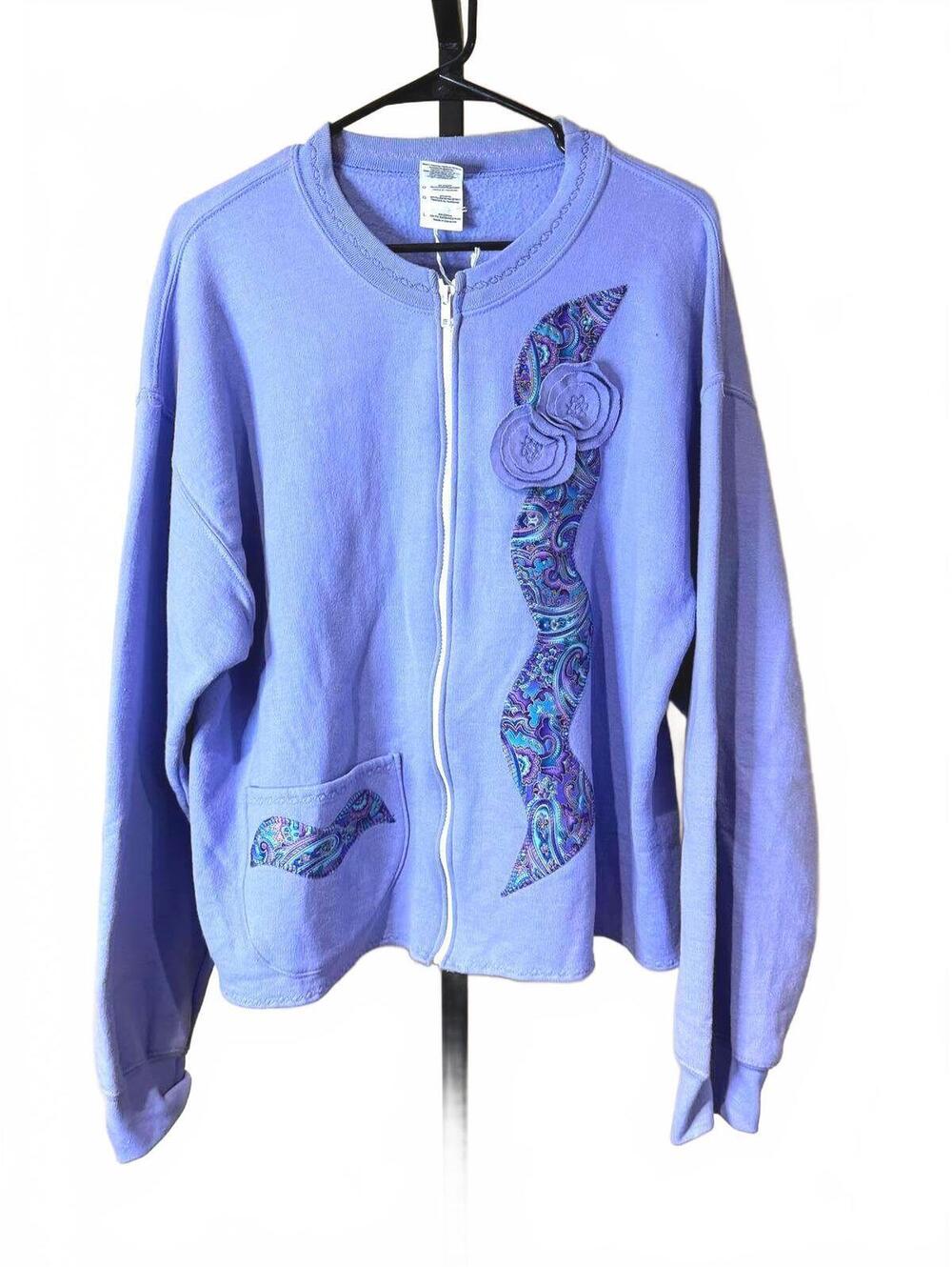 Lavender Zip-Up Sweater with Paisley and Floral Applique Large Handmade Large